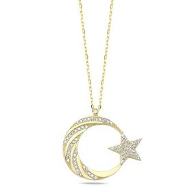 Nereze 925 Ayar Gümüş Gold Zirkon Taşlı Ayyıldız Kolye