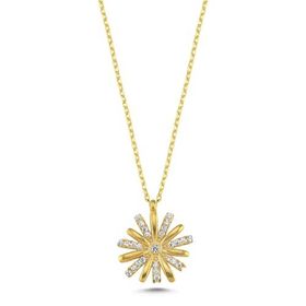 Nereze 925 Ayar Gümüş Gold Zirkon Taşlı Kır Çiçeği Kolye