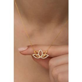 Nereze 925 Ayar Gümüş Gold Zirkon Taşlı Lotus Çiçeği Kolye