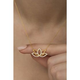 Nereze 925 Ayar Gümüş Gold Zirkon Taşlı Lotus Çiçeği Kolye