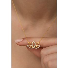 Nereze 925 Ayar Gümüş Gold Zirkon Taşlı Lotus Çiçeği Kolye