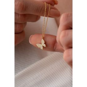 Nereze 925 Ayar Gümüş Gold Zirkon Taşlı Minik Kelebek Kadın Kolye