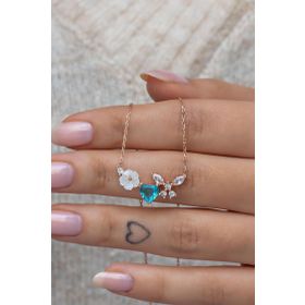 Nereze 925 Ayar Gümüş Manolya Çiçeği Aquamarin Taşlı Kalp Yusufcuk Kadın Kolye