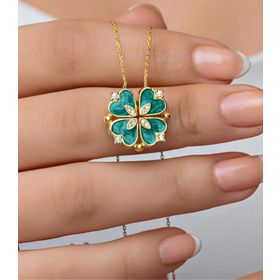 Nereze 925 Ayar Gümüş Mıknatıslı Ayrılabilir Gold Yeşil Mineli 4 Kalpli Yonca Kadın Kolye