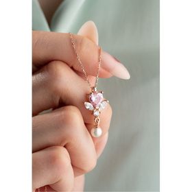 Nereze 925 Ayar Gümüş Pembe Taşlı İnci Detay Kalp Kolye