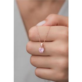 Nereze 925 Ayar Gümüş Pembe Taşlı Kalp Kolye