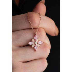 Nereze 925 Ayar Gümüş Pembe Zirkon Taşlı Umut Çiçeği Kolye