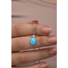 Nereze 925 Ayar Gümüş Rodyum Kaplama Oval Mavi Opal Taşlı Kolye