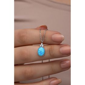 Nereze 925 Ayar Gümüş Rodyum Kaplama Oval Mavi Opal Taşlı Kolye