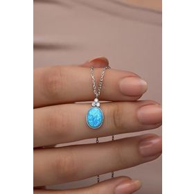 Nereze 925 Ayar Gümüş Rodyum Kaplama Oval Mavi Opal Taşlı Kolye
