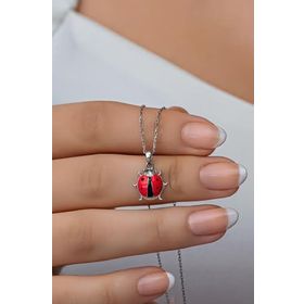 Nereze 925 Ayar Gümüş Rodyumlu Kırmızı Mineli Uğur Böceği Kolye