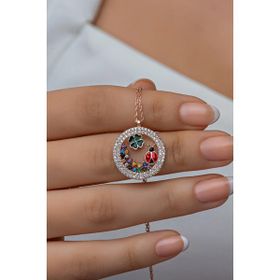 Nereze 925 Ayar Gümüş Rose Daire Tasarım Yonca Ve Uğur Böceği Detay Kadın Kolye
