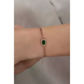 Nereze 925 Ayar Gümüş Rose Gurmet Zincir Yeşil Tektaş Bileklik