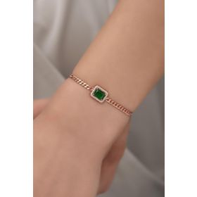 Nereze 925 Ayar Gümüş Rose Gurmet Zincir Yeşil Tektaş Bileklik