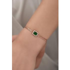 Nereze 925 Ayar Gümüş Rose Gurmet Zincir Yeşil Tektaş Bileklik