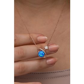 Nereze 925 Ayar Gümüş Rose Kaplama Mavi Opal Taşlı Gezegen Kolye