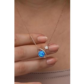 Nereze 925 Ayar Gümüş Rose Kaplama Mavi Opal Taşlı Gezegen Kolye
