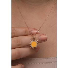 Nereze 925 Ayar Gümüş Rose Kaplama Mineli Güneş Model Kadın Kolye