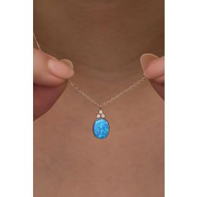 Nereze 925 Ayar Gümüş Rose Kaplama Oval Mavi Opal Taşlı Kadın Kolye