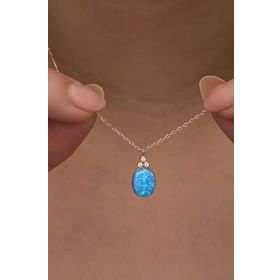 Nereze 925 Ayar Gümüş Rose Kaplama Oval Mavi Opal Taşlı Kadın Kolye