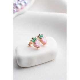Nereze 925 Ayar Gümüş Rose Kaplama Pembe Taşlı Çilek Küpe