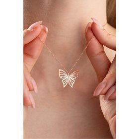 Nereze 925 Ayar Gümüş Rose Kaplama Sade Zirkon Taşlı Kelebek Kolye