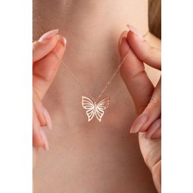 Nereze 925 Ayar Gümüş Rose Kaplama Sade Zirkon Taşlı Kelebek Kolye