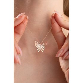 Nereze 925 Ayar Gümüş Rose Kaplama Sade Zirkon Taşlı Kelebek Kolye