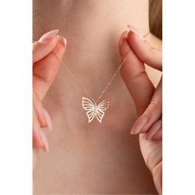 Nereze 925 Ayar Gümüş Rose Kaplama Sade Zirkon Taşlı Kelebek Kolye