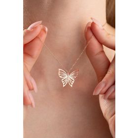 Nereze 925 Ayar Gümüş Rose Kaplama Sade Zirkon Taşlı Kelebek Kolye