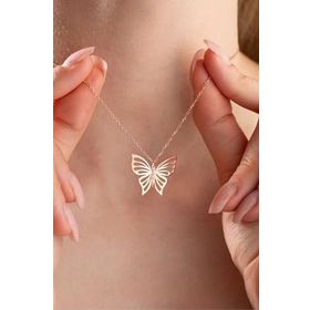 Nereze 925 Ayar Gümüş Rose Kaplama Sade Zirkon Taşlı Kelebek Kolye