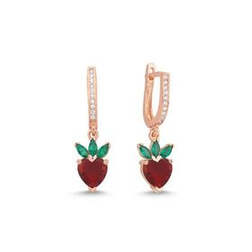 Nereze 925 Ayar Gümüş Rose Kaplama Sallantılı Kırmızı Taşlı Çilek Küpe