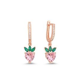 Nereze 925 Ayar Gümüş Rose Kaplama Sallantılı Pembe Taşlı Çilek Küpe