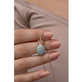 Nereze 925 Ayar Gümüş Rose Kaplama Turkuaz Taşlı Ananas Kolye