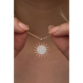 Nereze 925 Ayar Gümüş Rose Kaplama Zirkon Taşlı Güneş Model Kolye