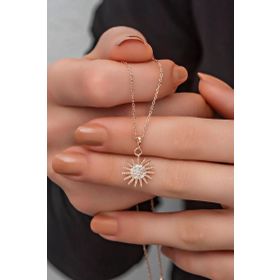 Nereze 925 Ayar Gümüş Rose Kaplama Zirkon Taşlı Güneş Model Kolye