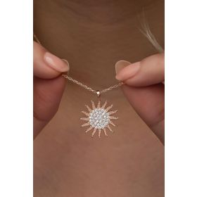 Nereze 925 Ayar Gümüş Rose Kaplama Zirkon Taşlı Güneş Model Kolye