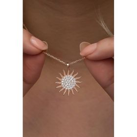 Nereze 925 Ayar Gümüş Rose Kaplama Zirkon Taşlı Güneş Model Kolye