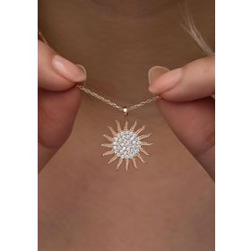 Nereze 925 Ayar Gümüş Rose Kaplama Zirkon Taşlı Güneş Model Kolye