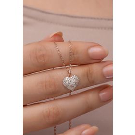 Nereze 925 Ayar Gümüş Rose Kaplama Zirkon Taşlı Minimal Kalp Kadın Kolye