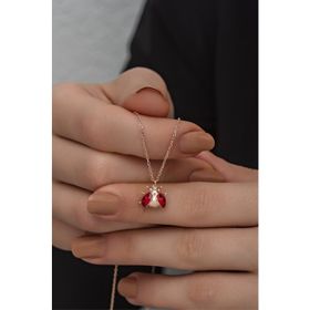 Nereze 925 Ayar Gümüş Rose Mineli Uğur Böceği Kolye