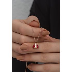 Nereze 925 Ayar Gümüş Rose Mineli Uğur Böceği Kolye