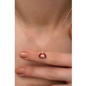 Nereze 925 Ayar Gümüş Rose Mineli Uğur Böceği Kolye