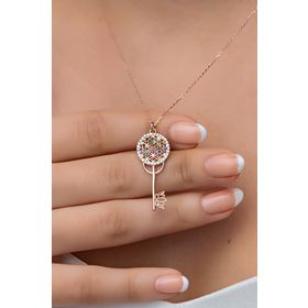 Nereze 925 Ayar Gümüş Rose Mix Taşlı Anahtar Kadın Kolye