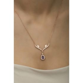 Nereze 925 Ayar Gümüş Rose Mor Damla Taşlı Tasarım Kadın Kolye
