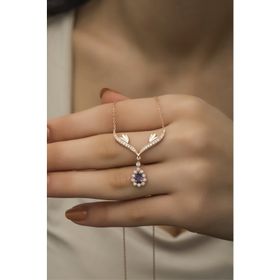 Nereze 925 Ayar Gümüş Rose Mor Damla Taşlı Tasarım Kadın Kolye