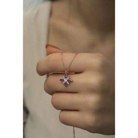 Nereze 925 Ayar Gümüş Rose Mor Zirkon Taşlı Çiçek Kadın Kolye