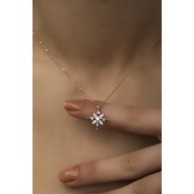 Nereze 925 Ayar Gümüş Rose Mor Zirkon Taşlı Çiçek Kadın Kolye