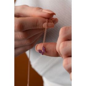 Nereze 925 Ayar Gümüş Rose Pembe Taşlı Minik Kelebek Kadın Kolye
