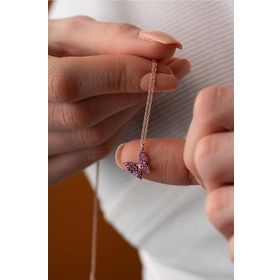 Nereze 925 Ayar Gümüş Rose Pembe Taşlı Minik Kelebek Kadın Kolye